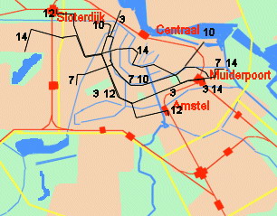 Trams that have no stop near the Centraal Station
